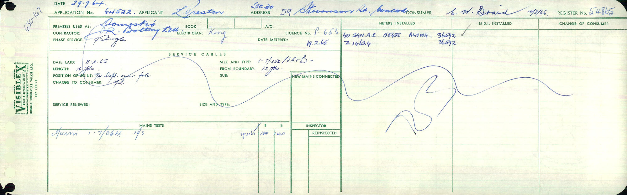 Electricity Department Connection Record - Stevenson Road Concord