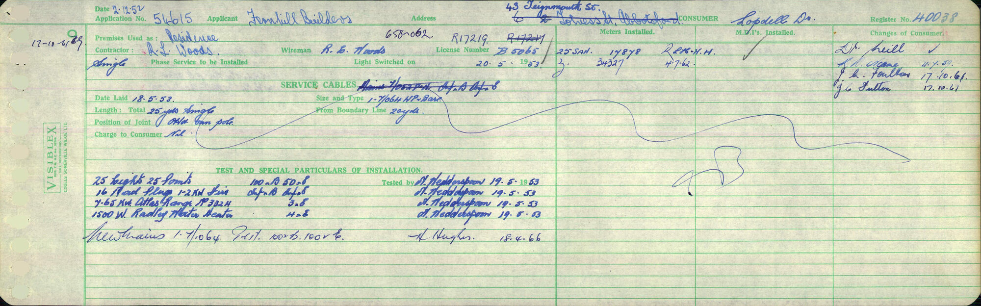 Electricity Department Connection Record - Teignmouth Street Green Island