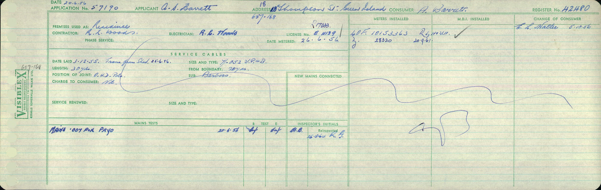 Electricity Department Connection Record - Thomson Street Green Island