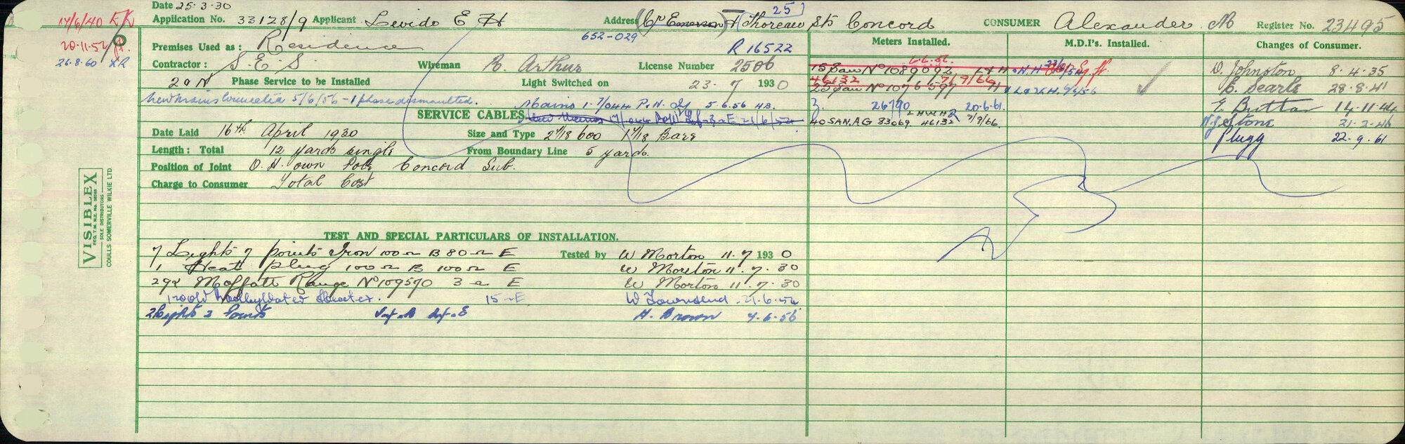 Electricity Department Connection Record - Thoreau Street Concord