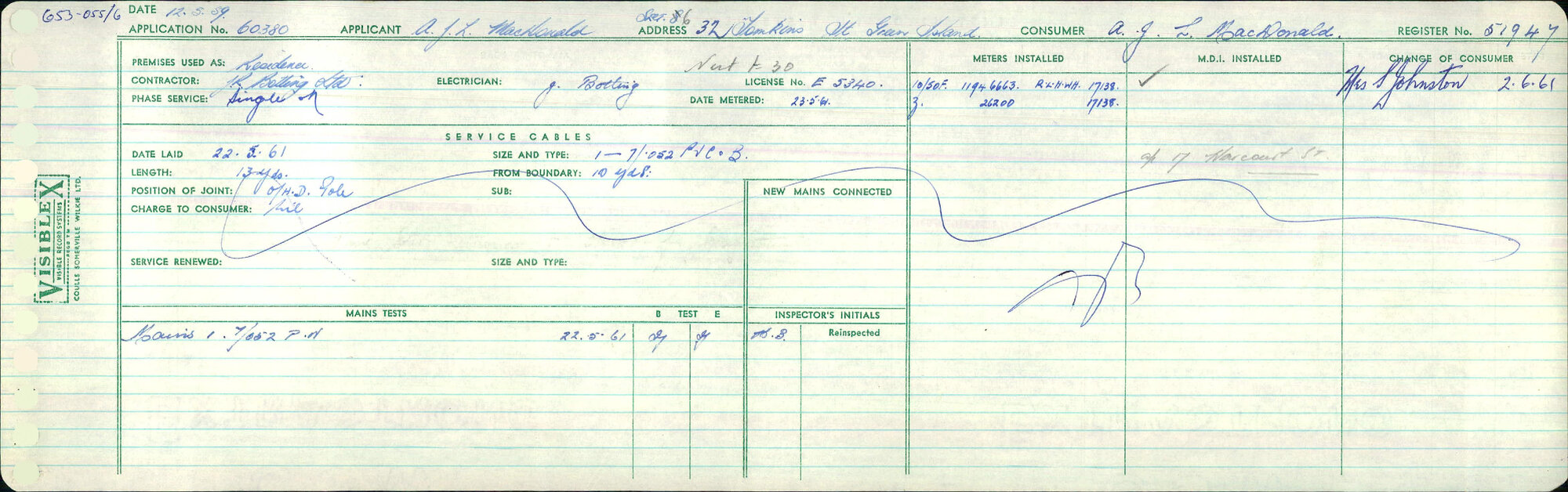 Electricity Department Connection Record - Tomkins Street Green Island