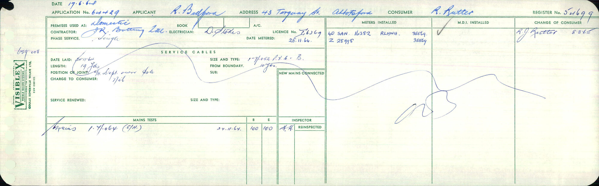 Electricity Department Connection Record - Torquay Street Green Island