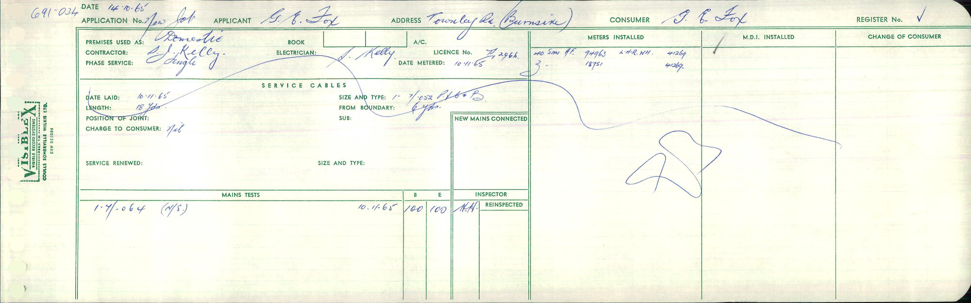 Electricity Department Connection Record - Townley Road Green Island