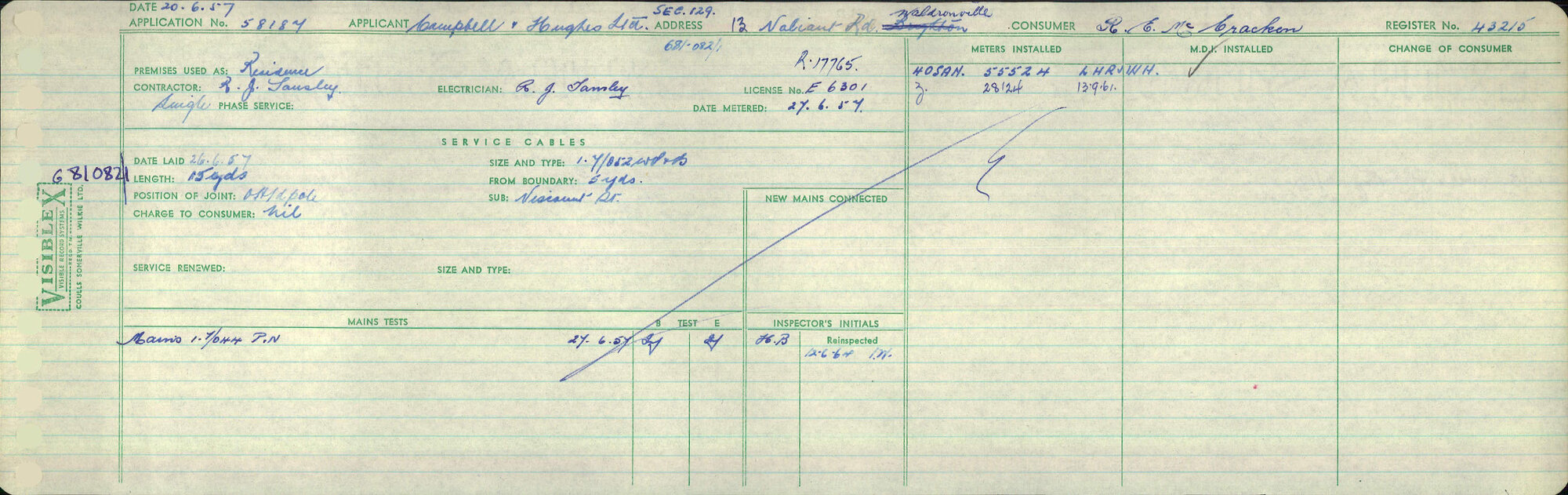 Electricity Department Connection Record - Valiant Road Waldronville