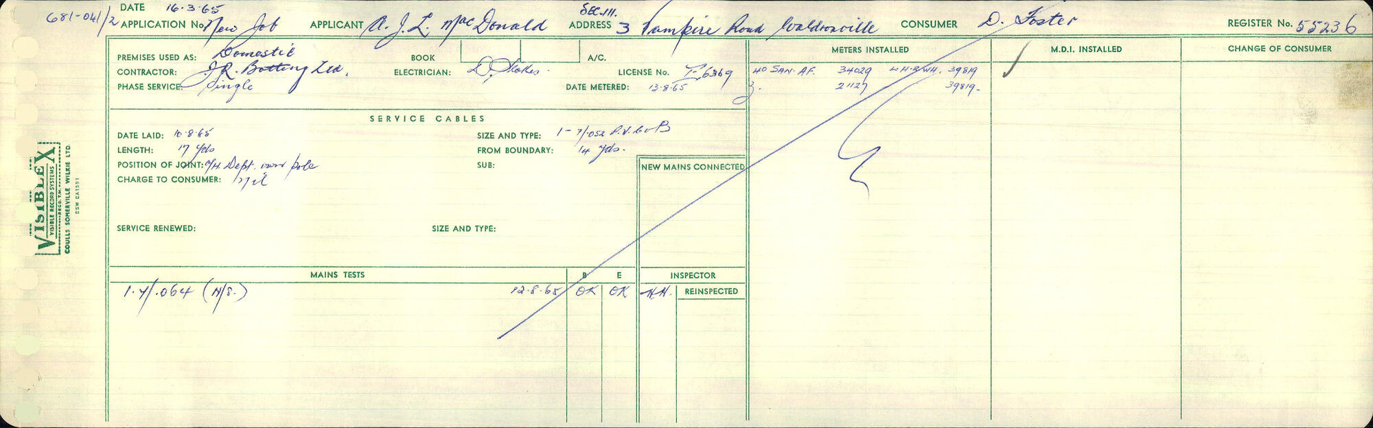 Electricity Department Connection Record - Vampire Road Waldronville