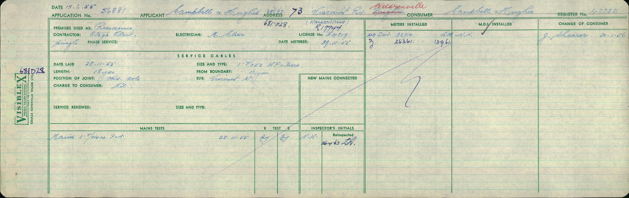 Electricity Department Connection Record - Viscount Road Waldronville