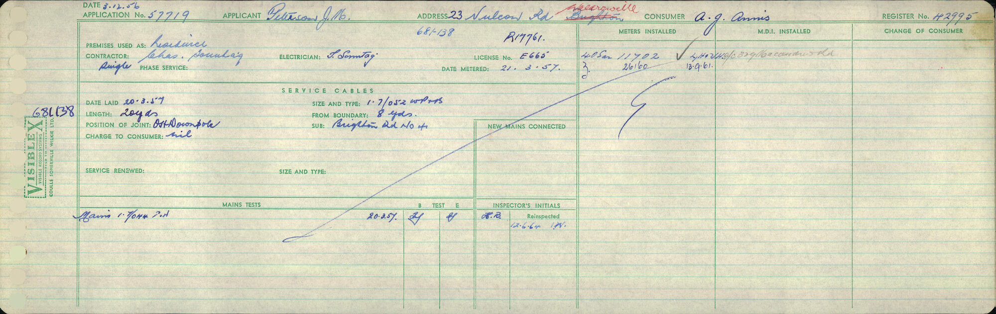 Electricity Department Connection Record - Vulcan Road Waldronville