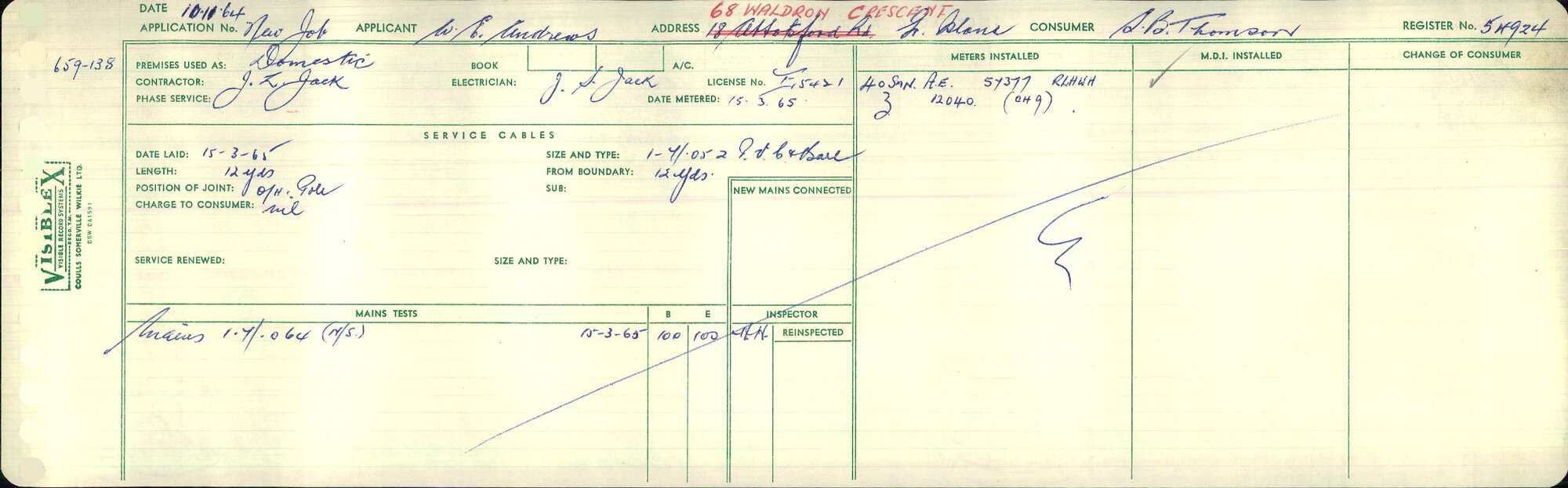 Electricity Department Connection Record - Waldron Crescent Green Island