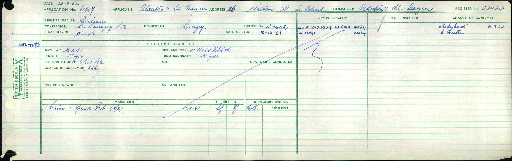 Electricity Department Connection Record - Watson Street Green Island