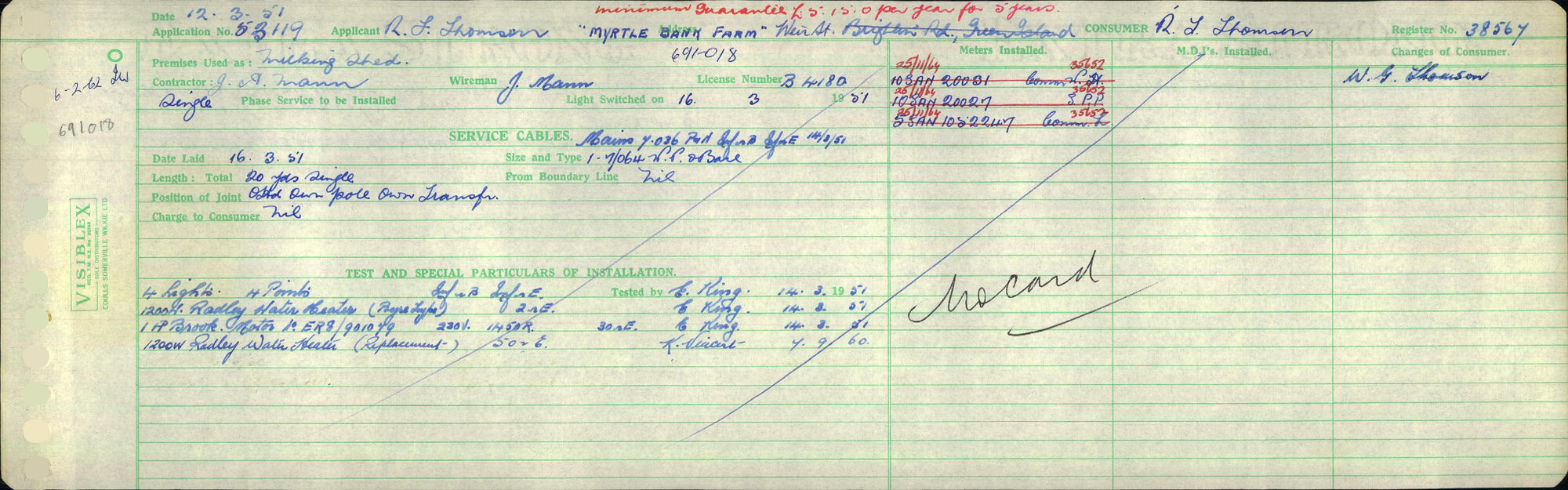 Electricity Department Connection Record - Weir Street Green Island