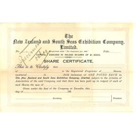 New Zealand & South Seas Exhibition Share Certificate